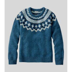 NEW Women's L L Bean Ragg Lambs Wool Sweater Crewneck Fair Isle Blue M